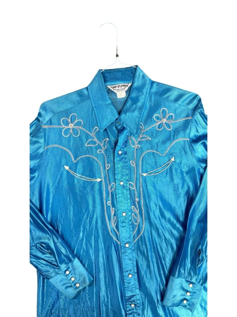 Two-Steppin Blue Western Pearl Snap Embroidered Shirt L Arnel Nylon USA